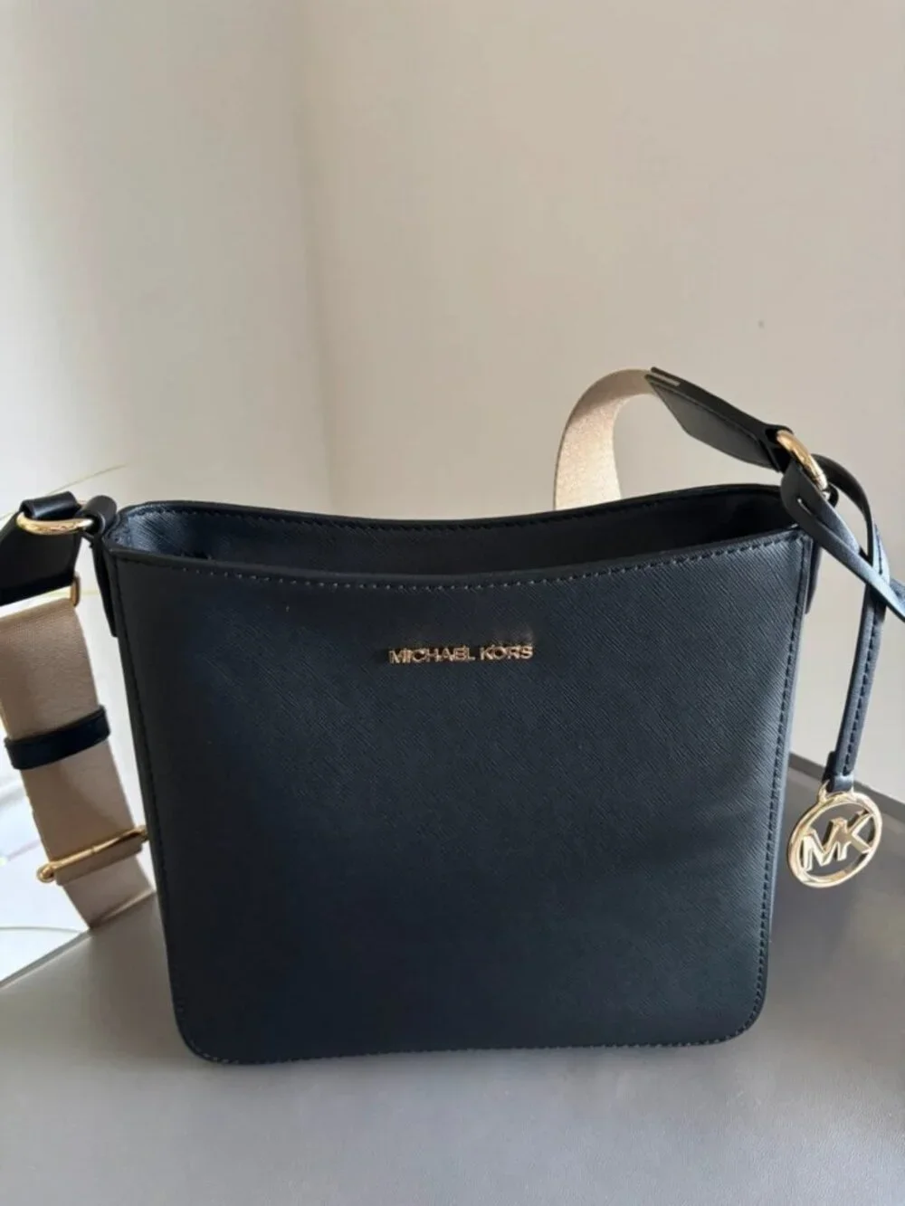 Michael Kors Black Saffiano Leather Shoulder Bag with Gold Tone Details